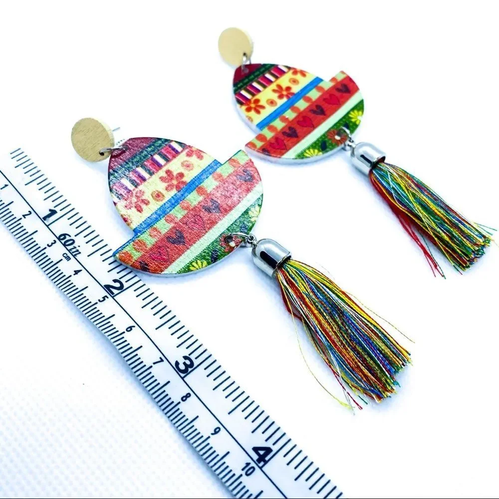 NWT Multicolor Wood & Tassel Earring_3